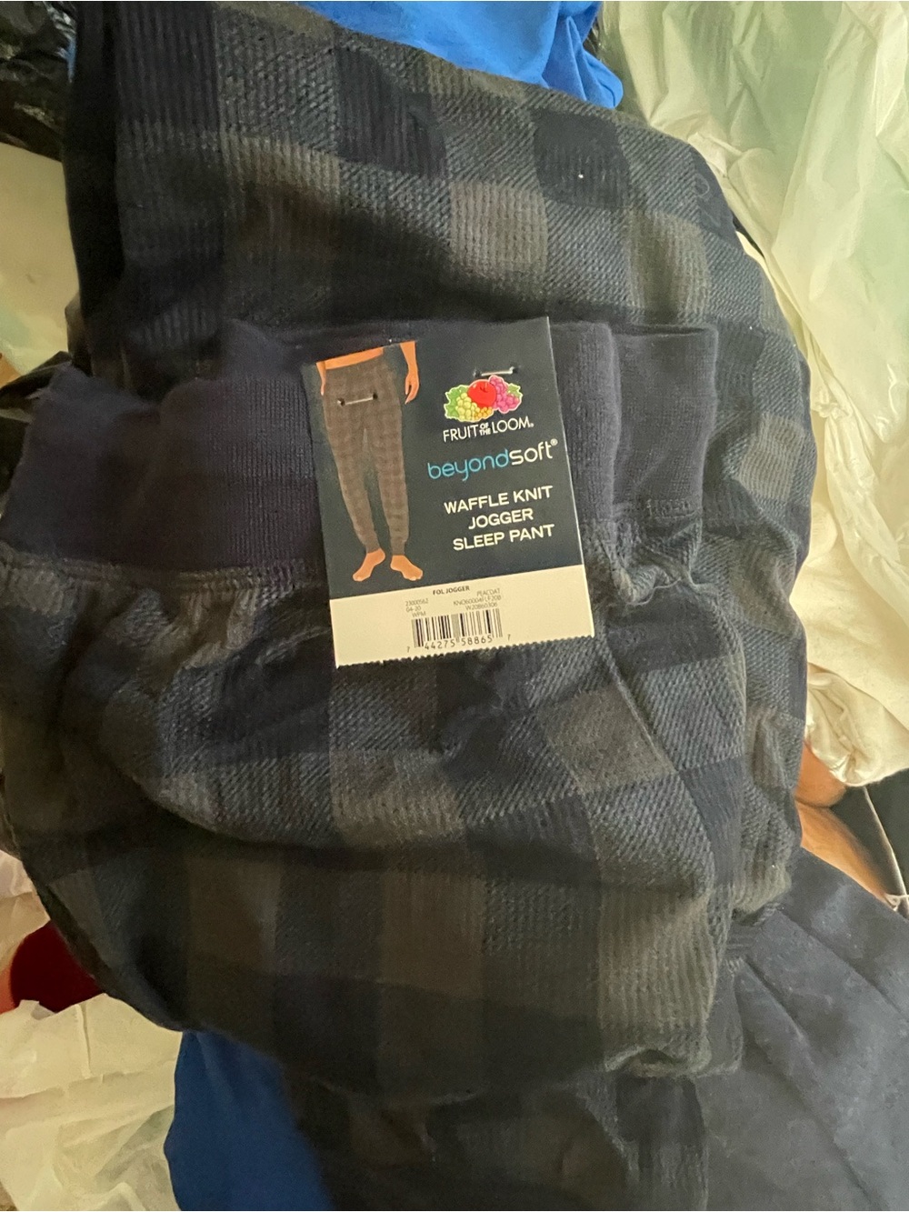 Fruit of the Loom Navy Plaid Waffle Knit Jogger Sleep Pant